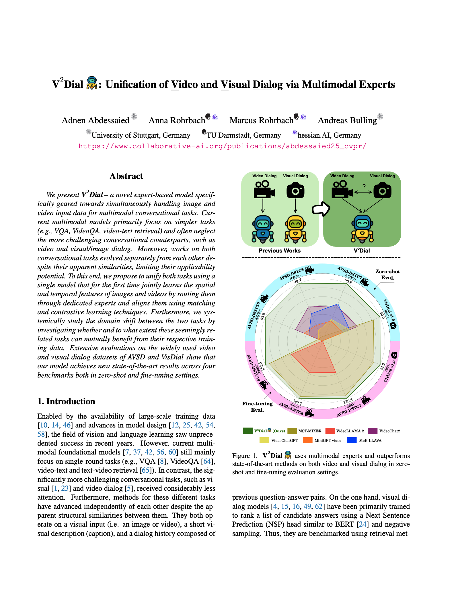 V<sup>2</sup>Dial: Unification of Video and Visual Dialog via Multimodal Experts