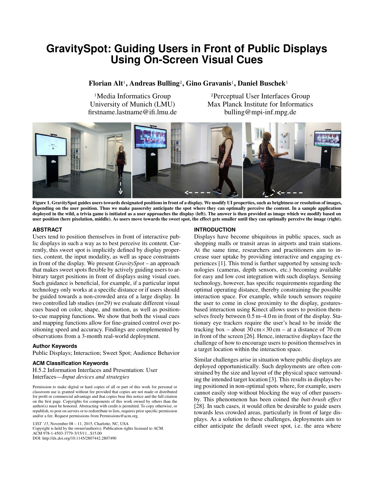 GravitySpot: Guiding Users in Front of Public Displays Using On-Screen Visual Cues