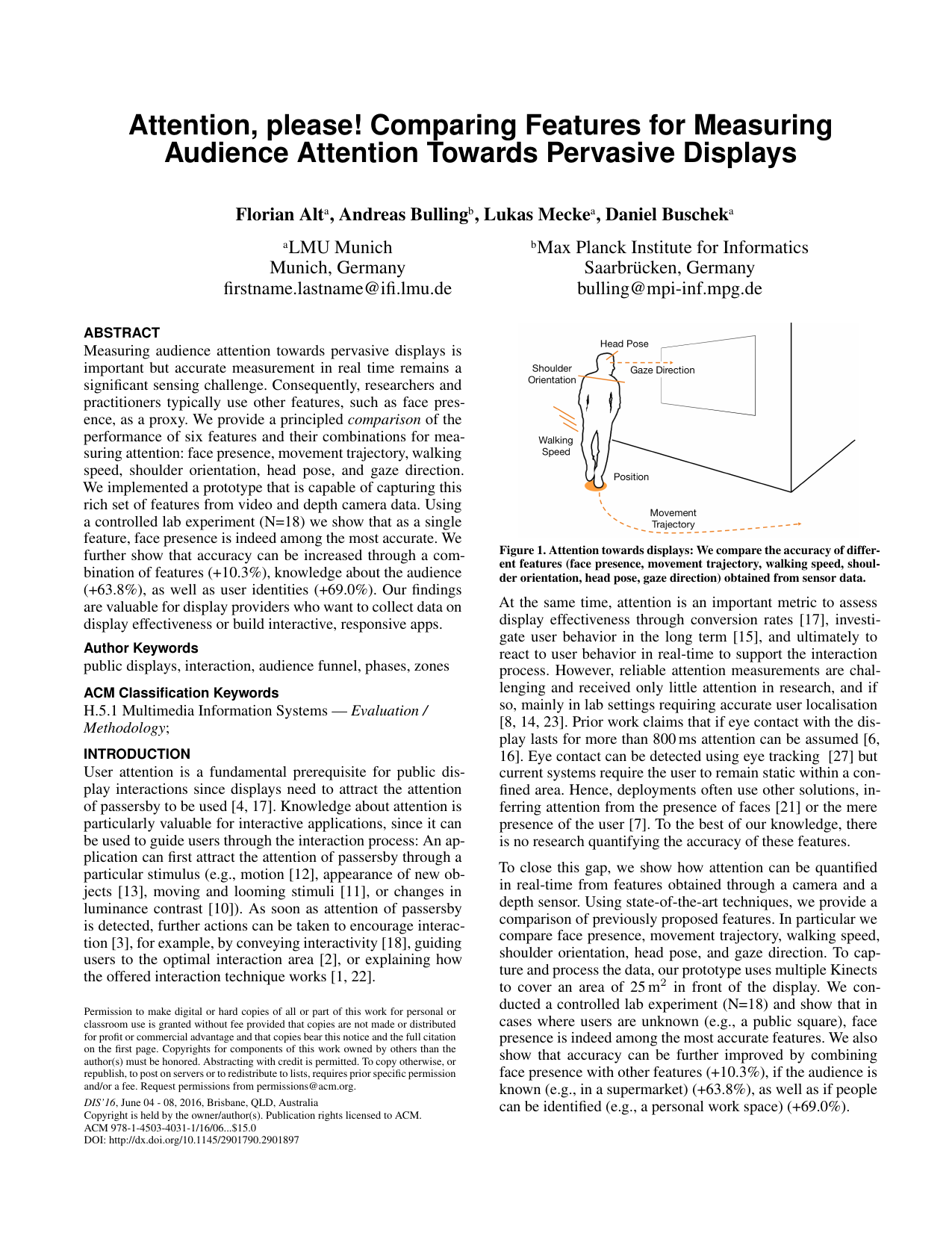 Attention, please! Comparing Features for Measuring Audience Attention Towards Pervasive Displays