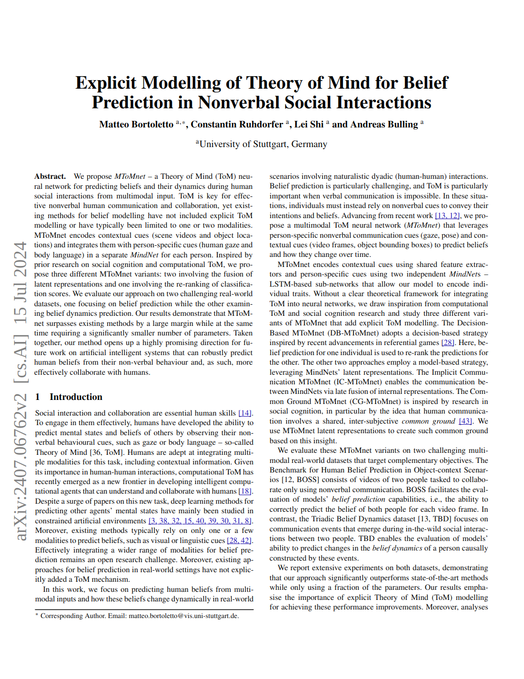 Explicit Modelling of Theory of Mind for Belief Prediction in Nonverbal Social Interactions