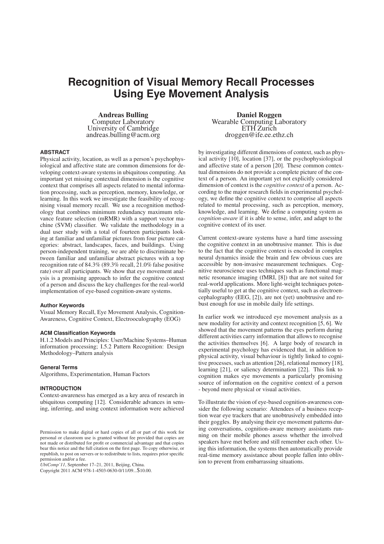 Recognition of Visual Memory Recall Processes Using Eye Movement Analysis