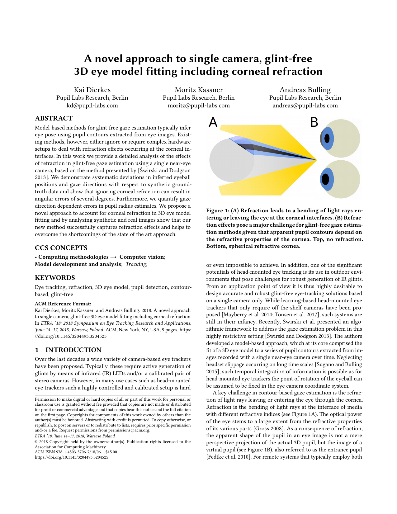 A novel approach to single camera, glint-free 3D eye model fitting including corneal refraction