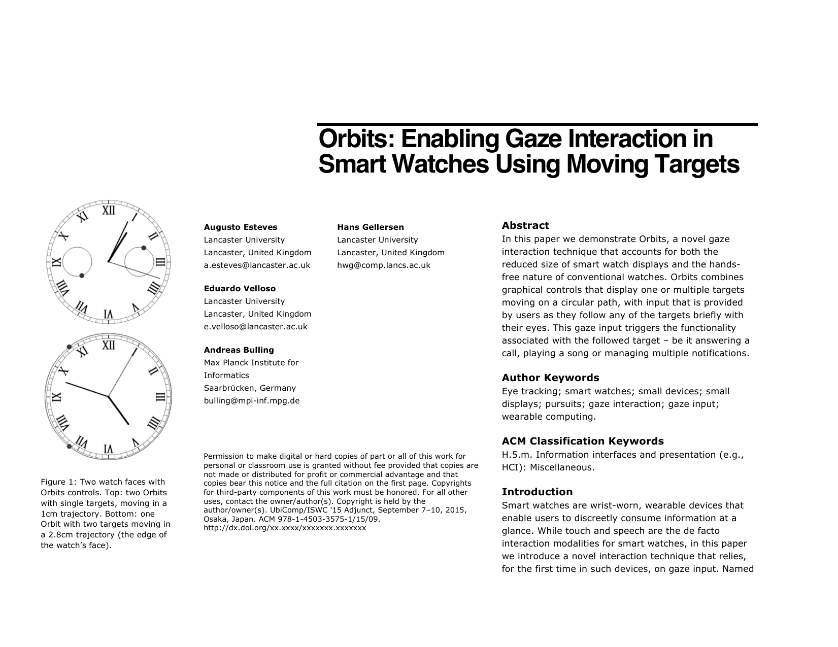 Orbits: Enabling Gaze Interaction in Smart Watches using Moving Targets