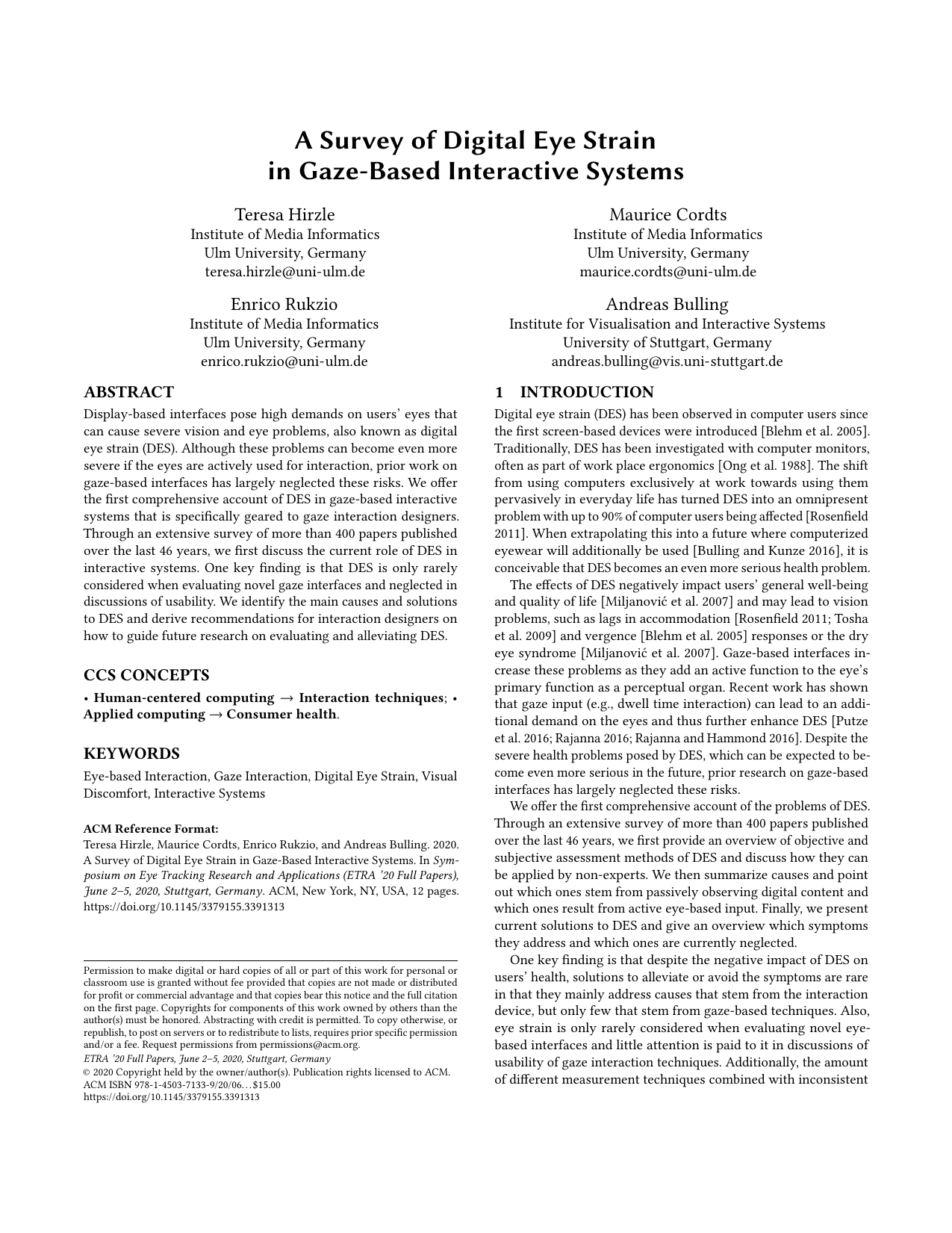 A Survey of Digital Eye Strain in Gaze-Based Interactive Systems