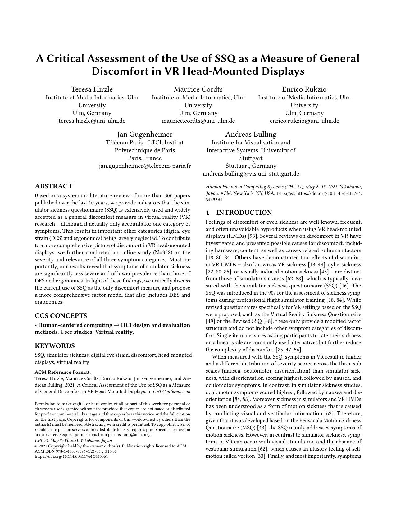 A Critical Assessment of the Use of SSQ as a Measure of General Discomfort in VR Head-Mounted Displays