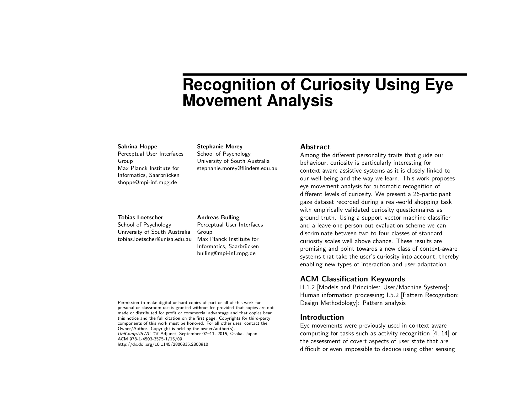 Recognition of Curiosity Using Eye Movement Analysis