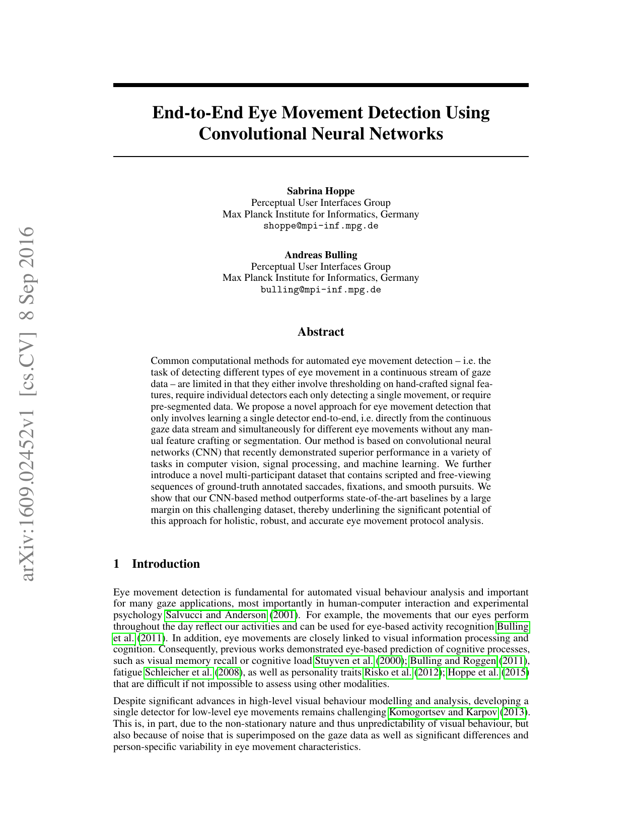 End-to-End Eye Movement Detection Using Convolutional Neural Networks