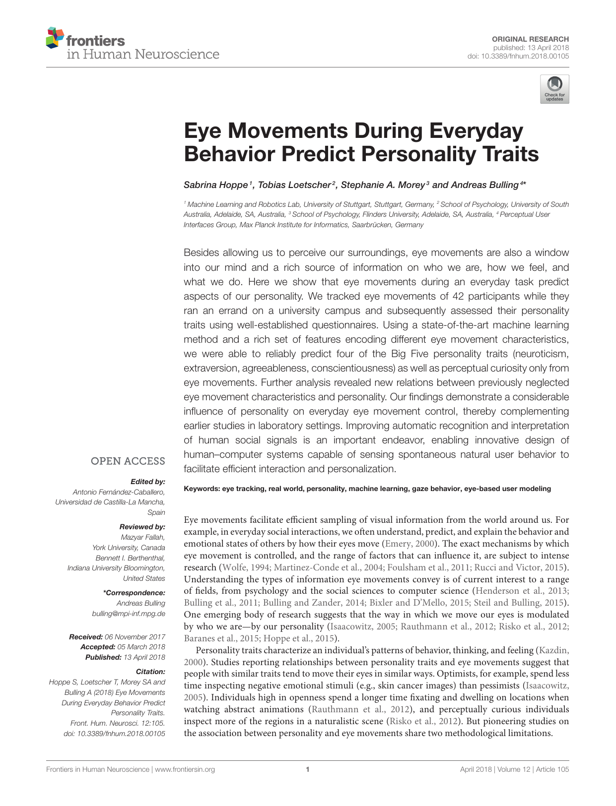 Eye movements during everyday behavior predict personality traits