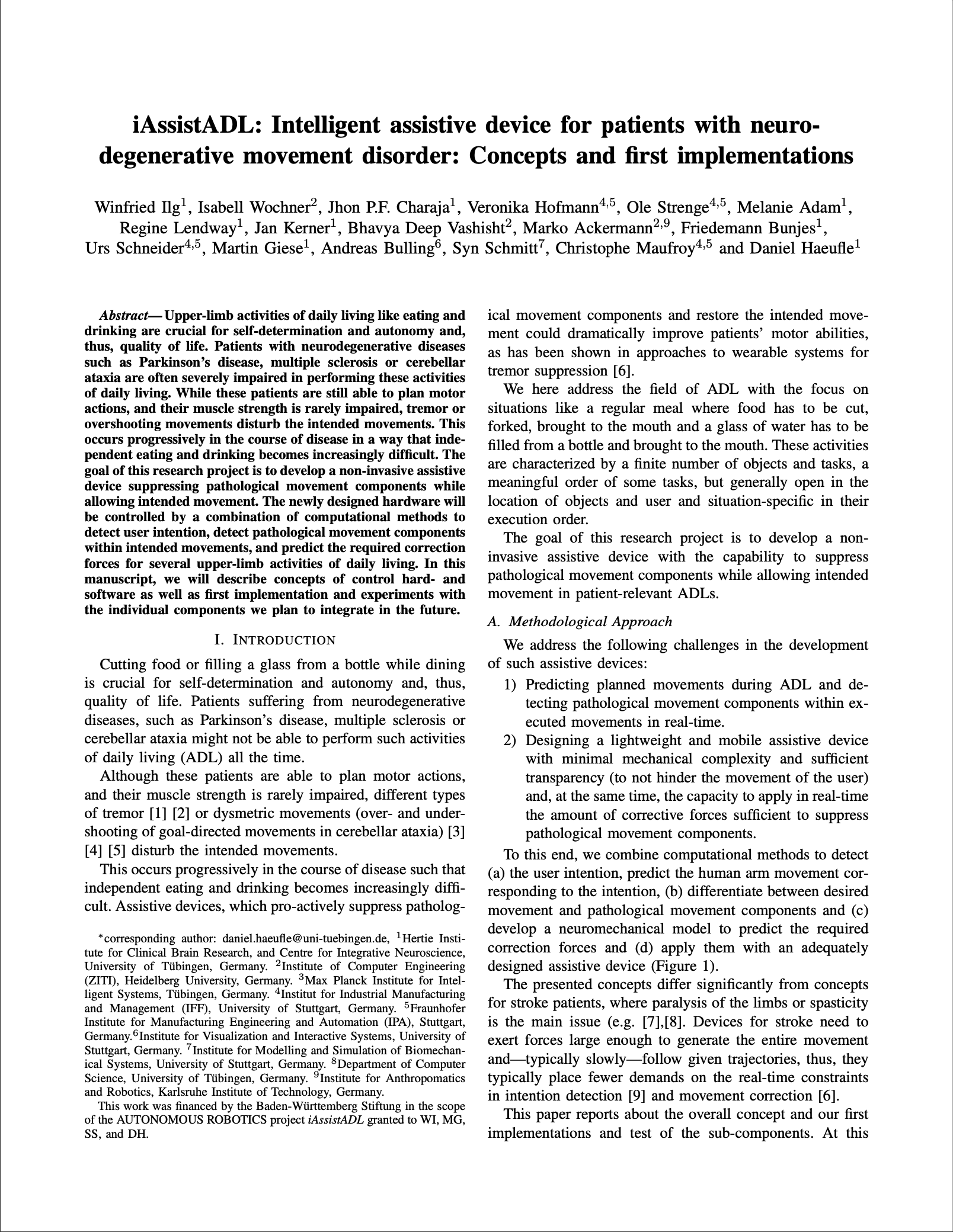 iAssistADL: Intelligent assistive device for patients with neuro- degenerative movement disorder: Concepts and first implementations