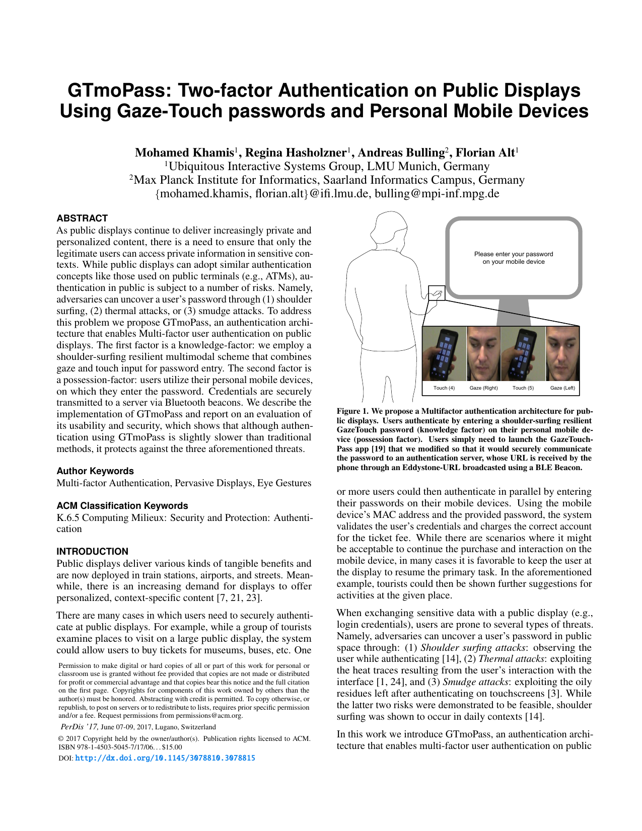 GTmoPass: Two-factor Authentication on Public Displays Using GazeTouch passwords and Personal Mobile Devices