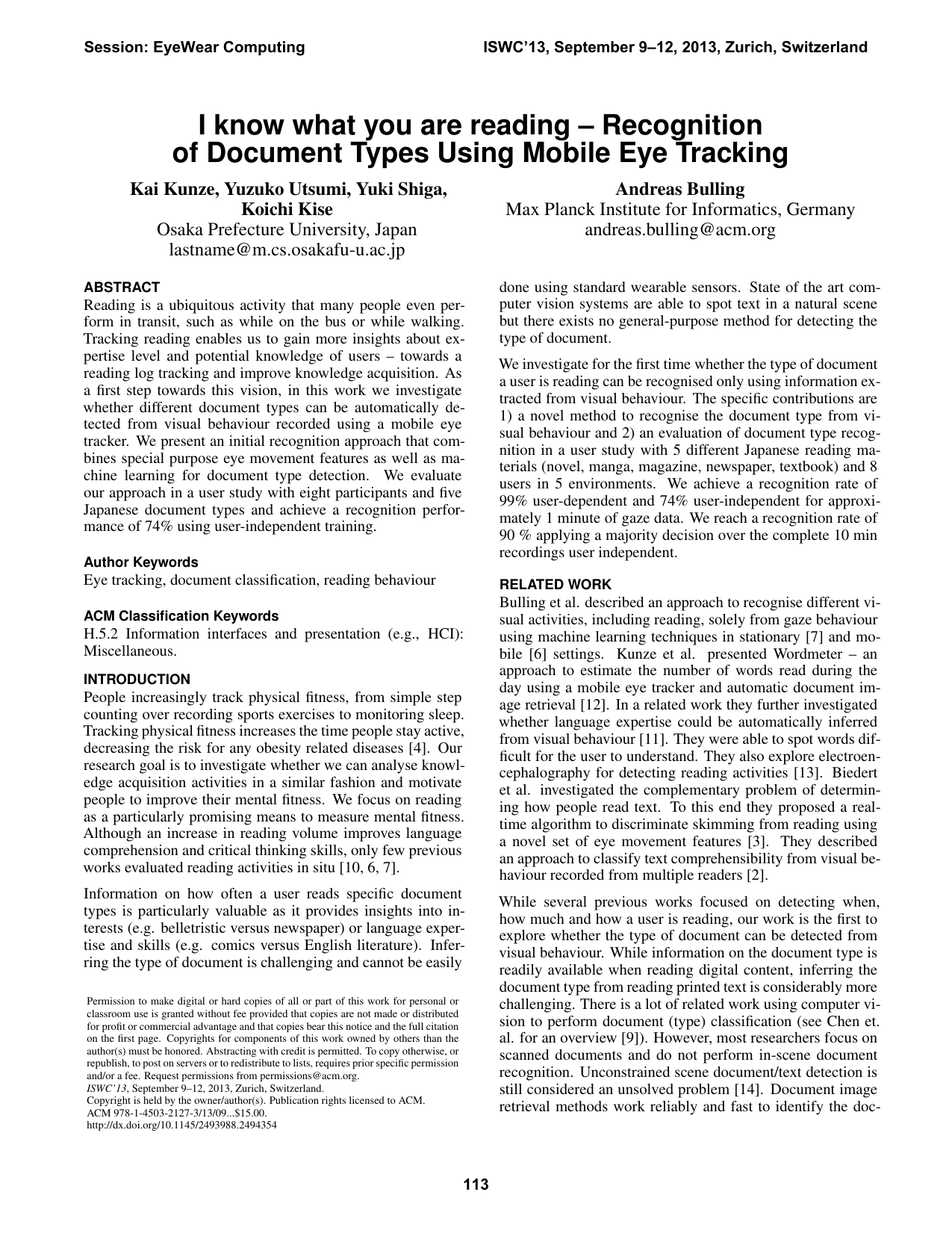 I know what you are reading – Recognition of document types using mobile eye tracking