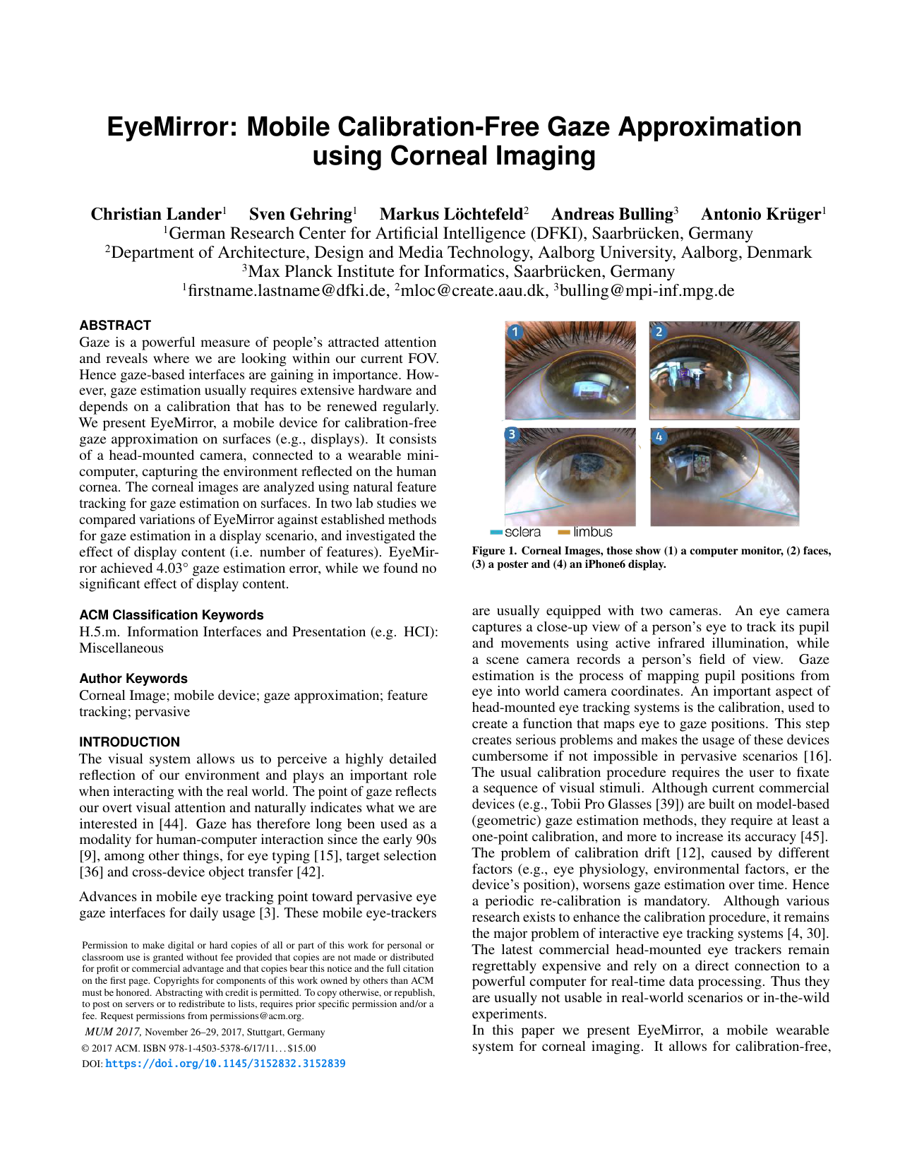 EyeMirror: Mobile Calibration-Free Gaze Approximation using Corneal Imaging