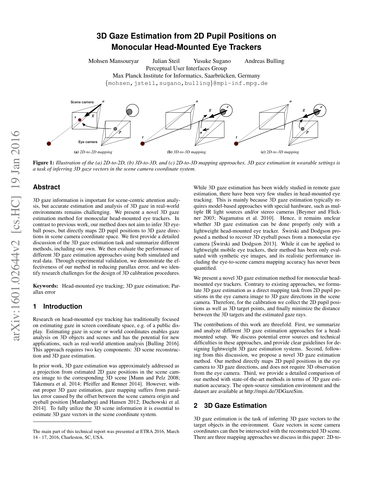 3D Gaze Estimation from 2D Pupil Positions on Monocular Head-Mounted Eye Trackers