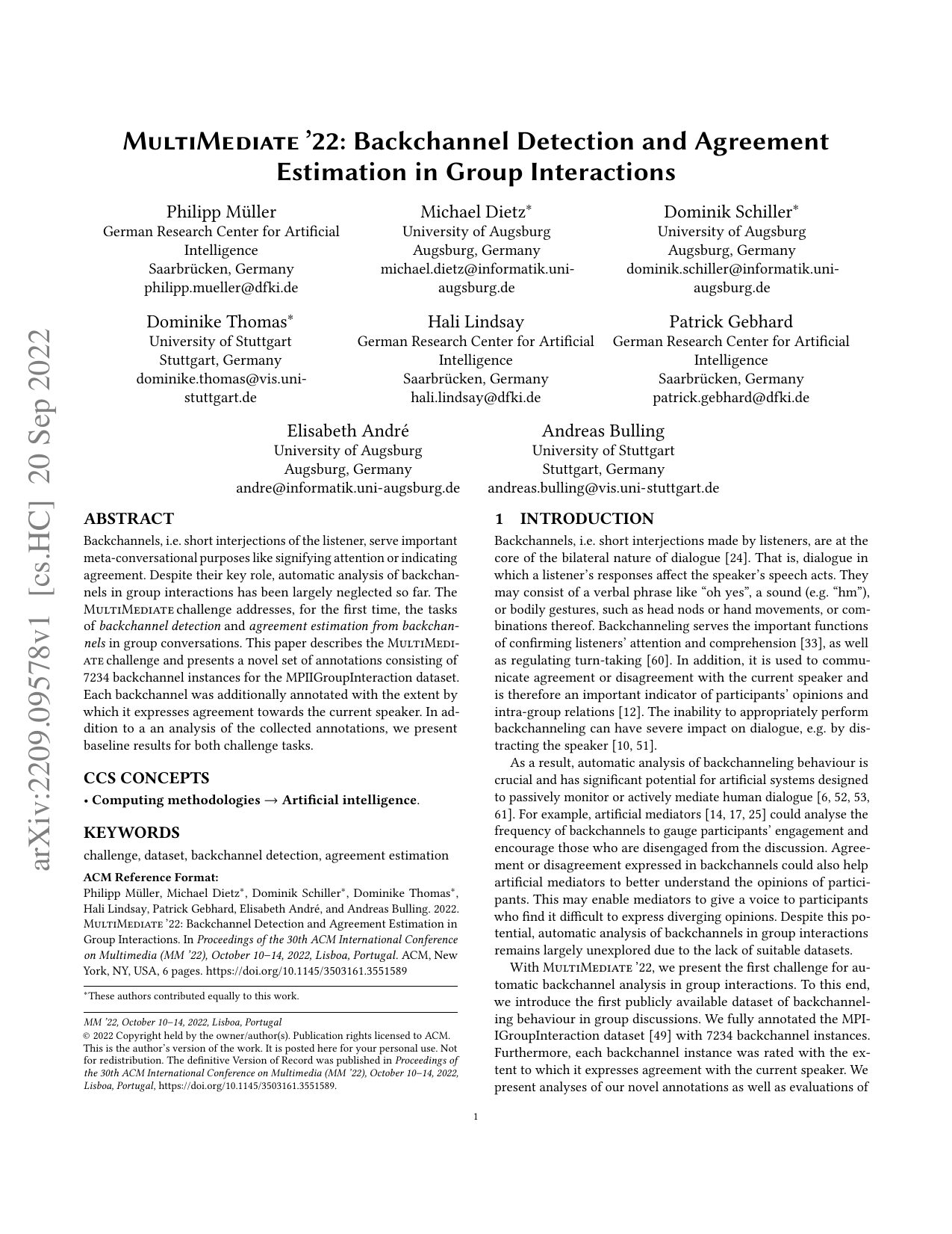 MultiMediate’22: Backchannel Detection and Agreement Estimation in Group Interactions