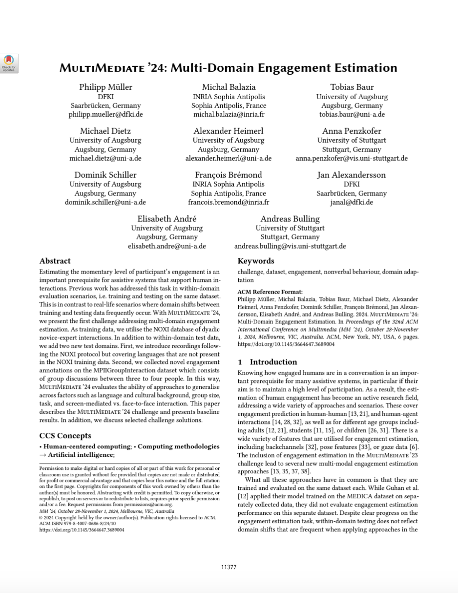 MultiMediate’24: Multi-Domain Engagement Estimation