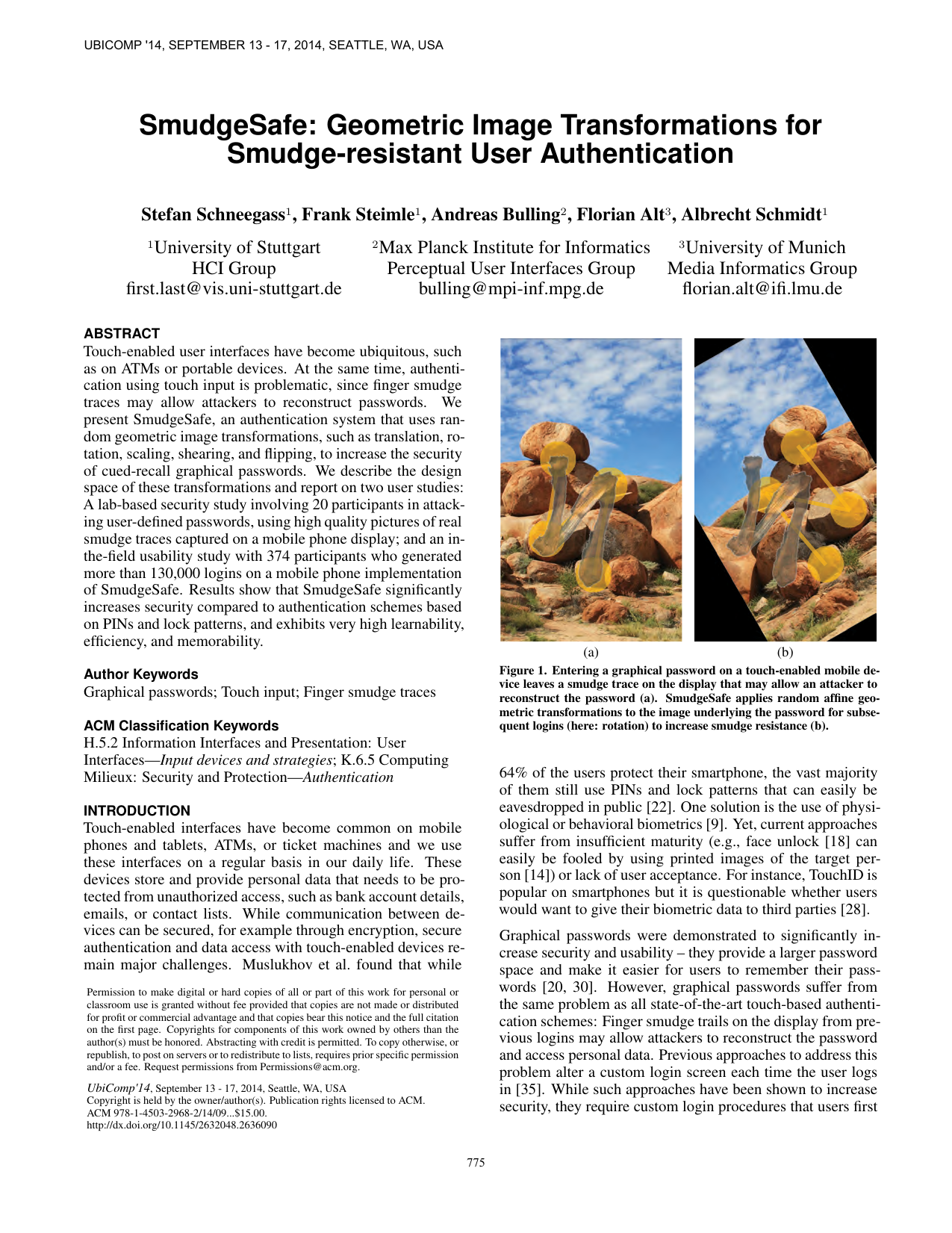 SmudgeSafe: Geometric Image Transformations for Smudge-resistant User Authentication
