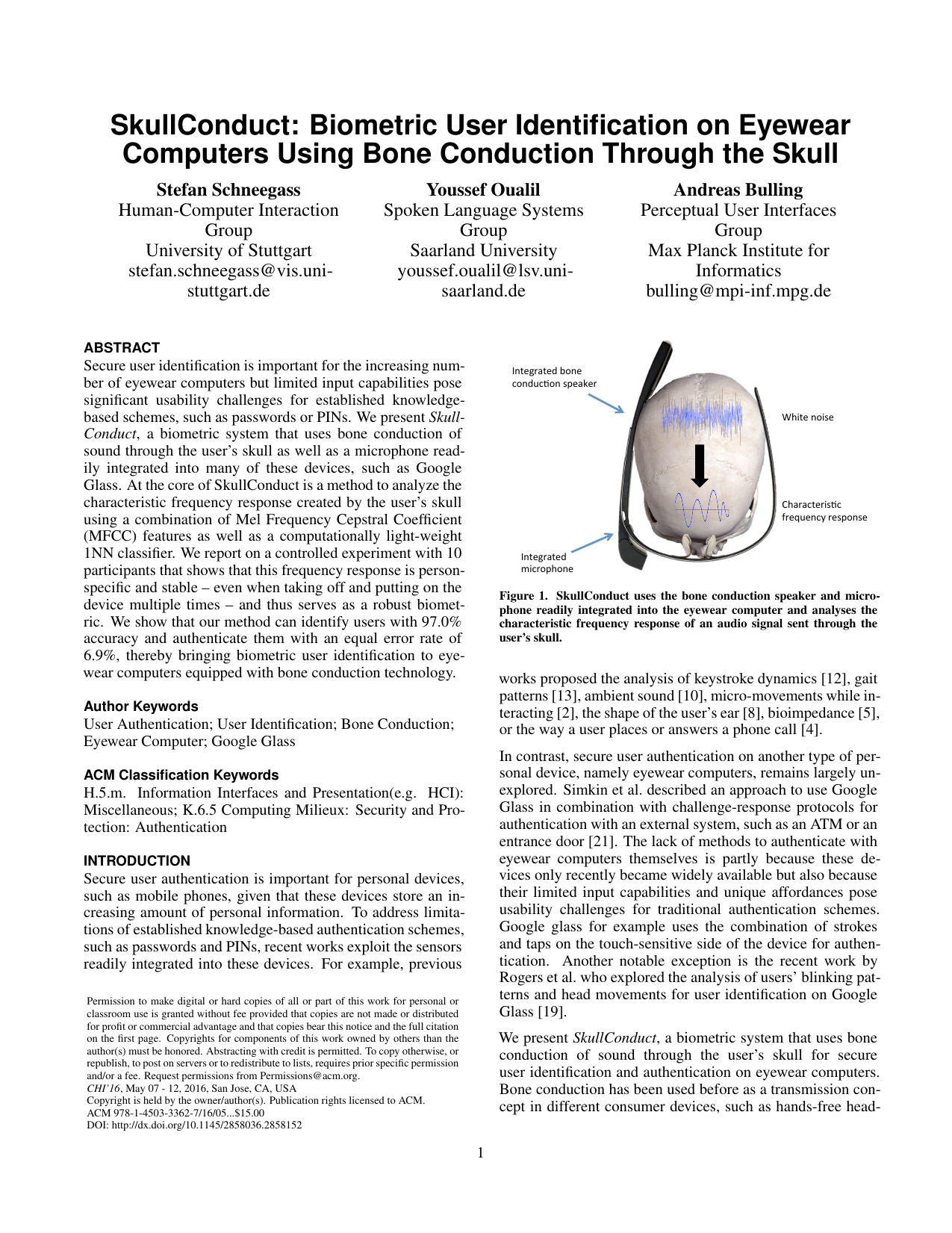 SkullConduct: Biometric User Identification on Eyewear Computers Using Bone Conduction Through the Skull
