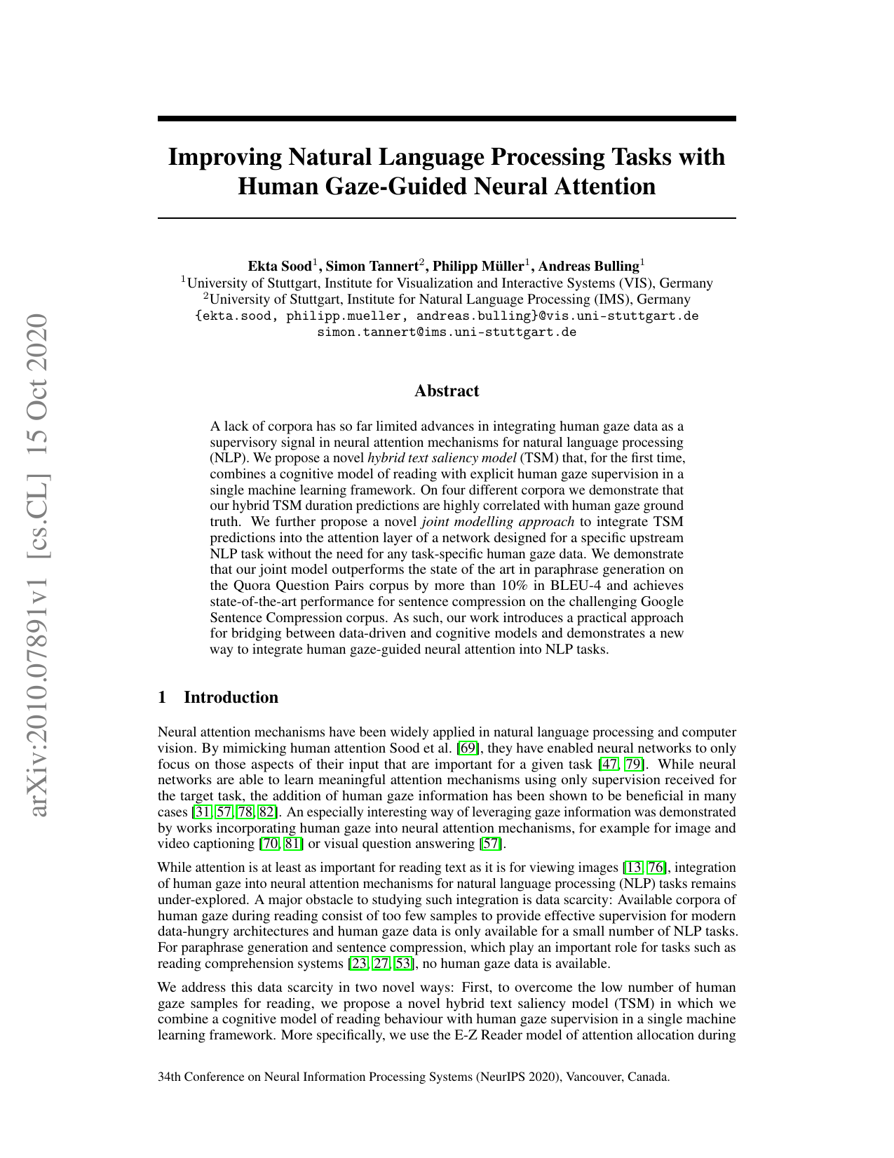 Improving Natural Language Processing Tasks with Human Gaze-Guided Neural Attention