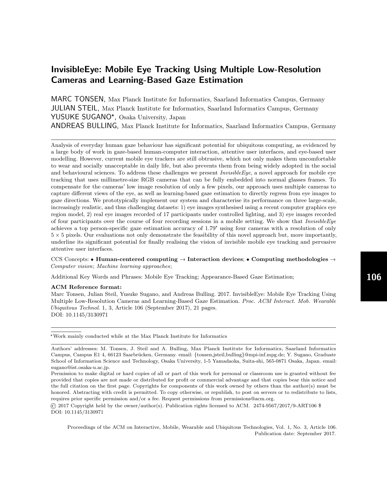 InvisibleEye: Mobile Eye Tracking Using Multiple Low-Resolution Cameras and Learning-Based Gaze Estimation
