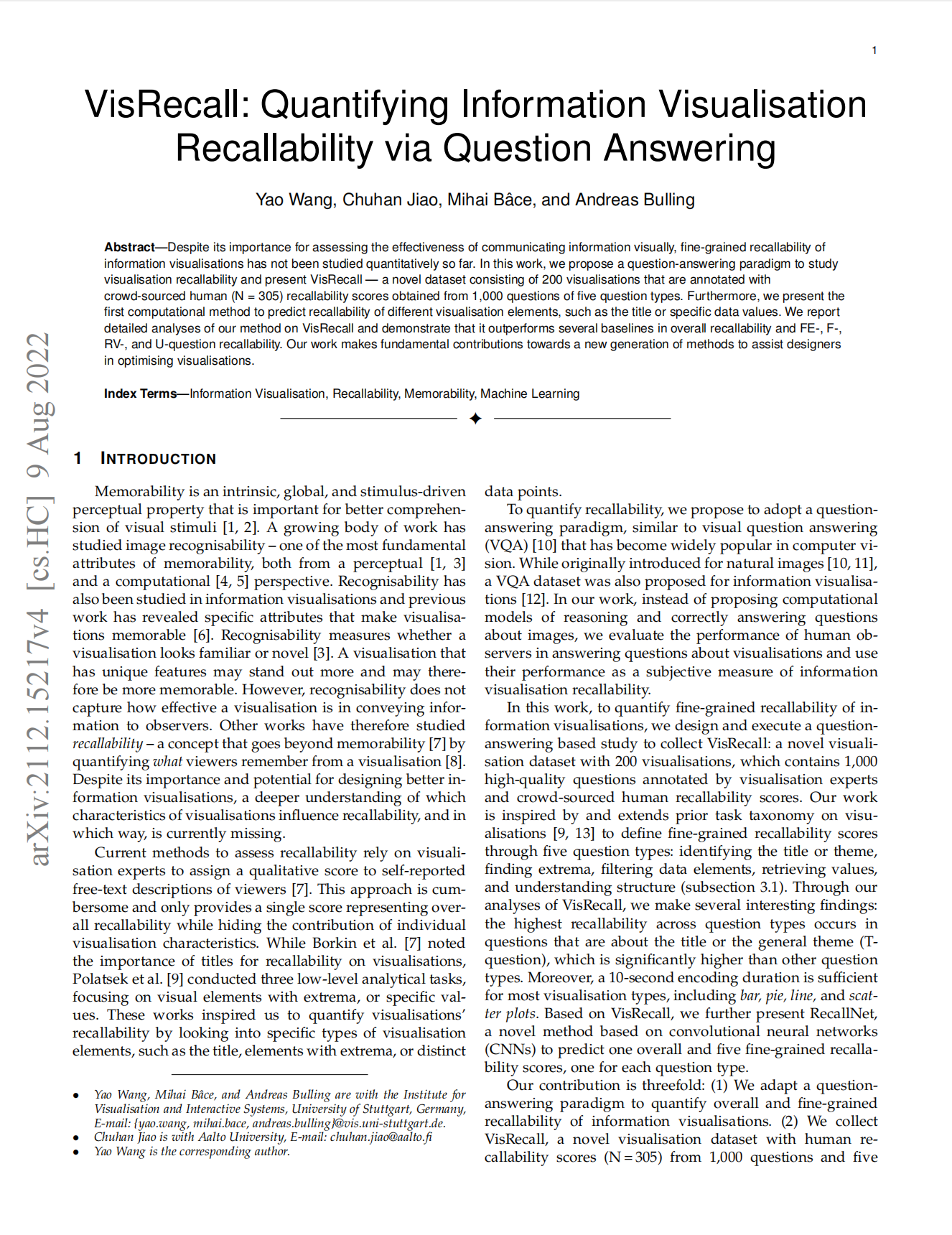VisQA: Quantifying Information Visualisation Recallability via Question Answering