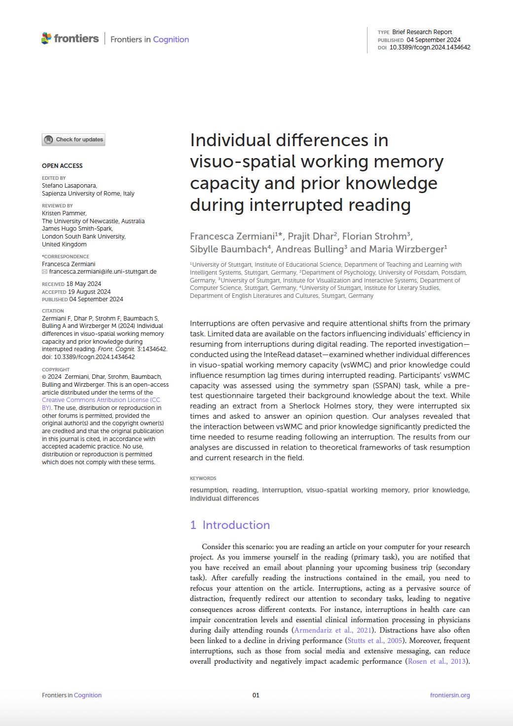 Individual differences in visuo-spatial working memory capacity and prior knowledge during interrupted reading